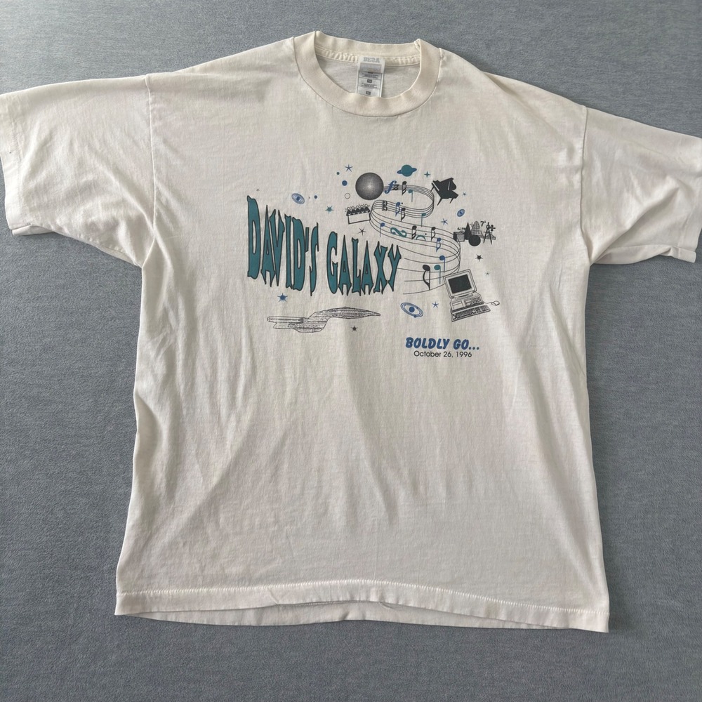 Vintage 1996 Davids Galaxy Space Tech Graphic T-Shirt XL White Fruit of the Loom